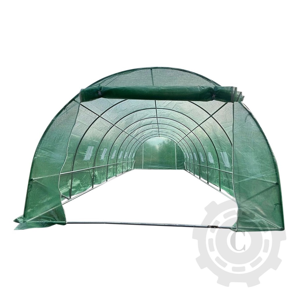 Solar de gradina 1000x400x230cm cu sistem irigare, folie verde PE cu plasa 180g/mp UV, 20 ferestre, 2 usi, teava otel galvanizat 25mm