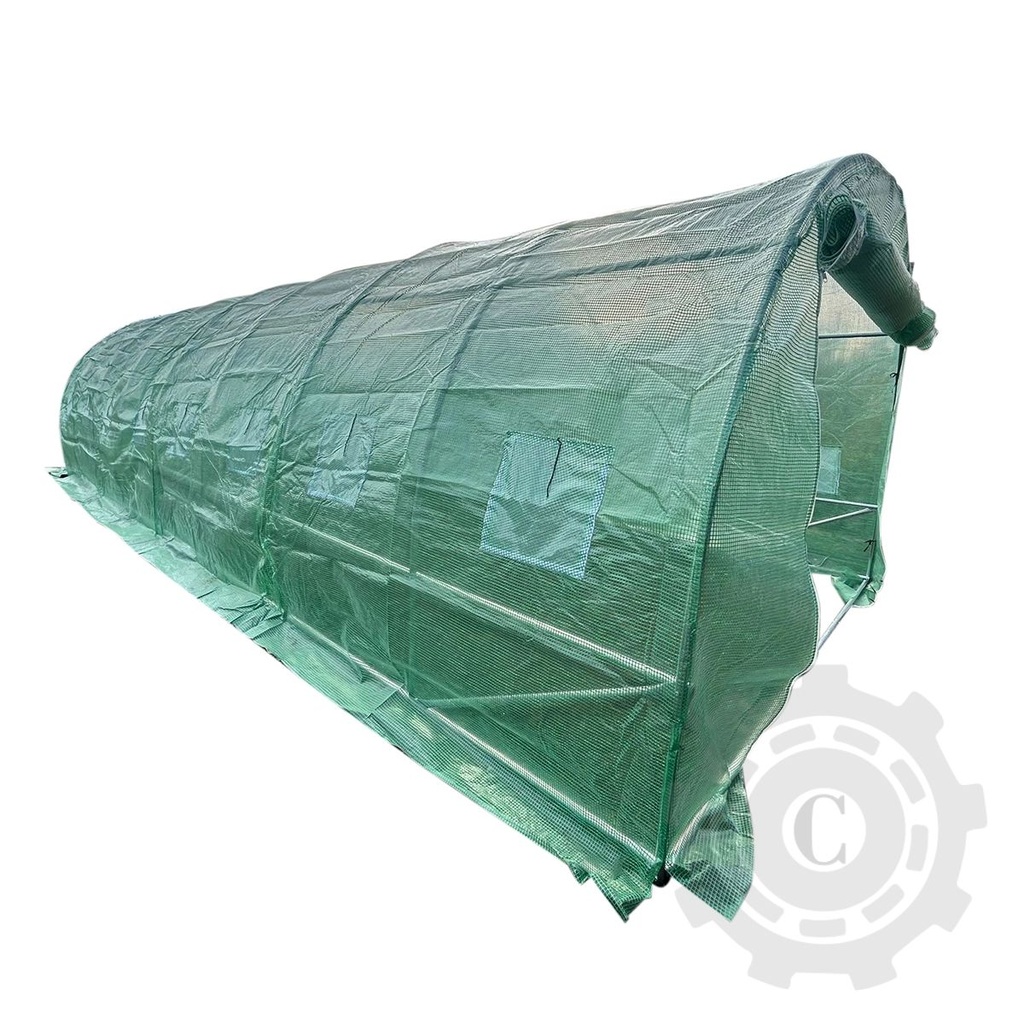 Solar de gradina 1000x400x230cm cu sistem irigare, folie verde PE cu plasa 180g/mp UV, 20 ferestre, 2 usi, teava otel galvanizat 25mm