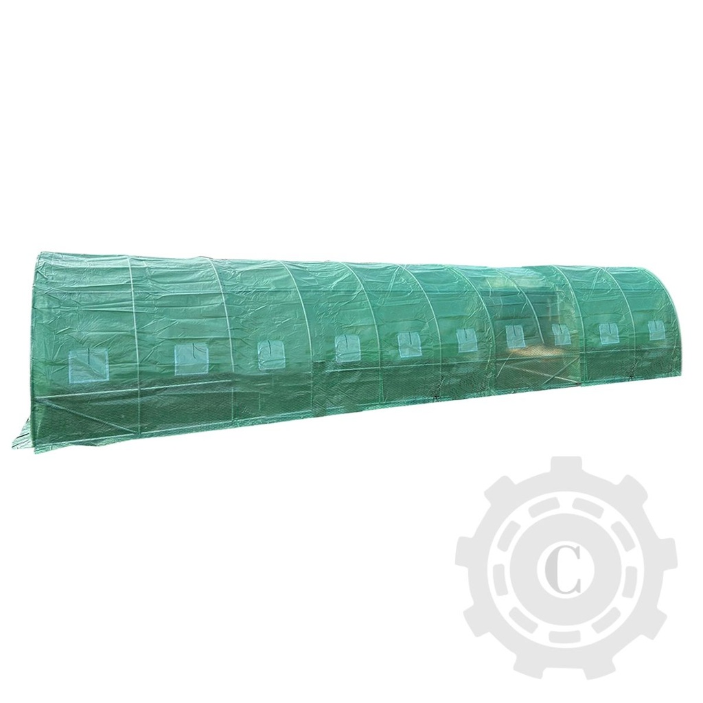 Solar de gradina 1000x400x230cm cu sistem irigare, folie verde PE cu plasa 180g/mp UV, 20 ferestre, 2 usi, teava otel galvanizat 25mm