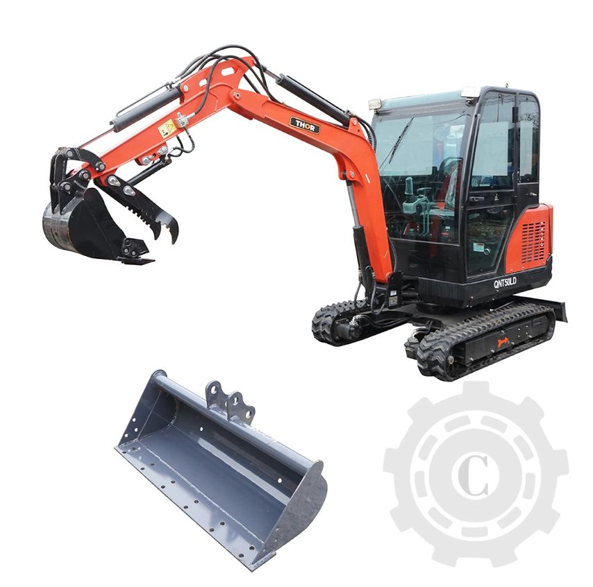 Mini excavator 1.8T cu cabina, motor diesel 25CP (18.4KW), adancime sapare 2300mm, capacitate ridicare 350Kg, 2 cupe incluse 420/985mm THOR